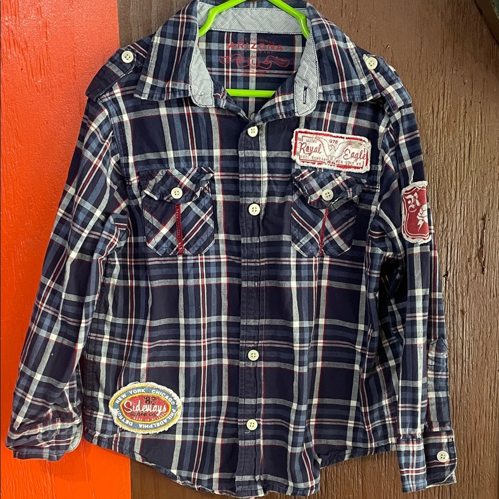 Arizona Jean Company Blue Plaid Shirt, patches, embroidered back